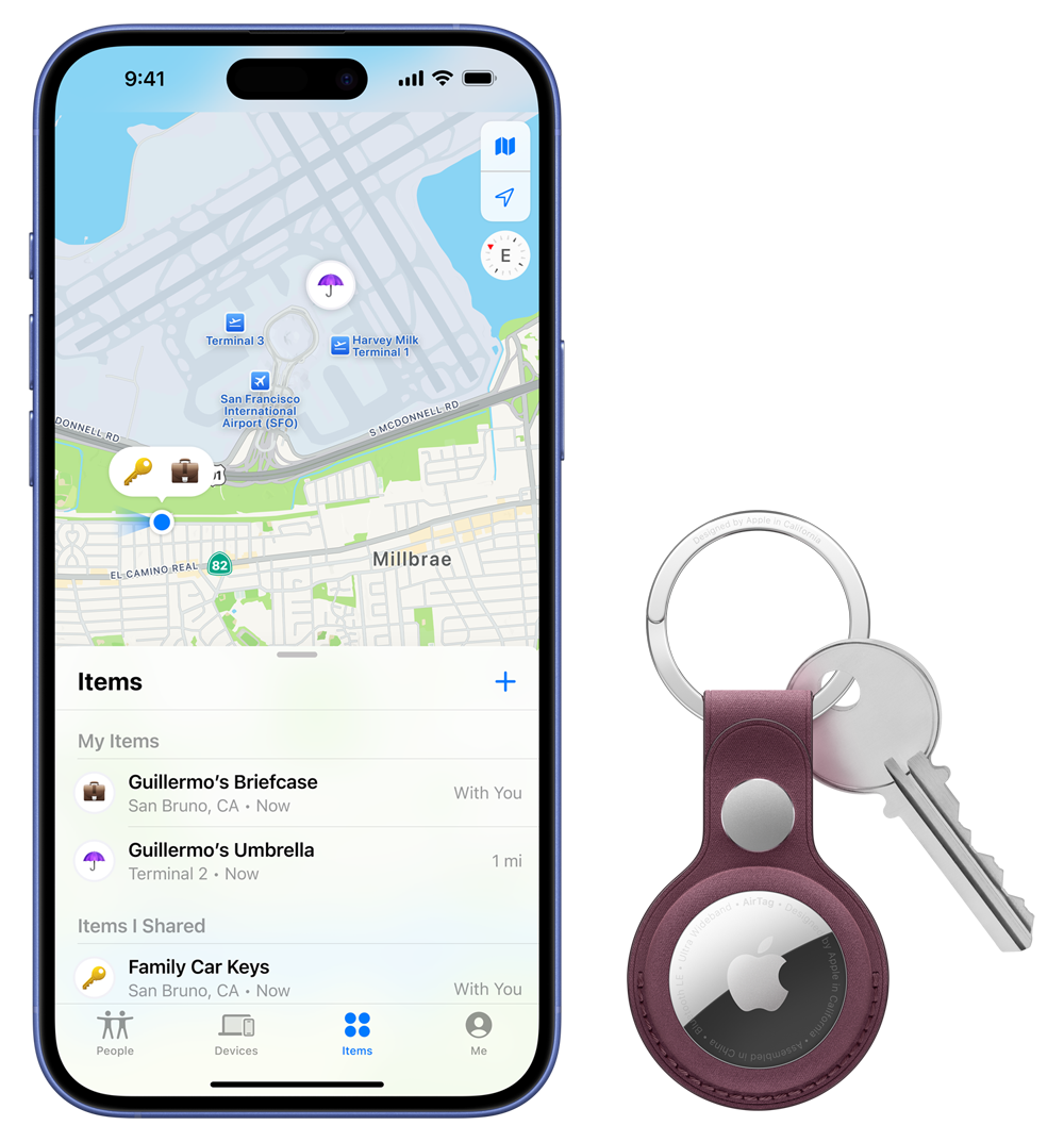iPhone 16 Plus (Color: Ultramarine) & AirTag with FineWoven Key Ring (Color: Mulberry)