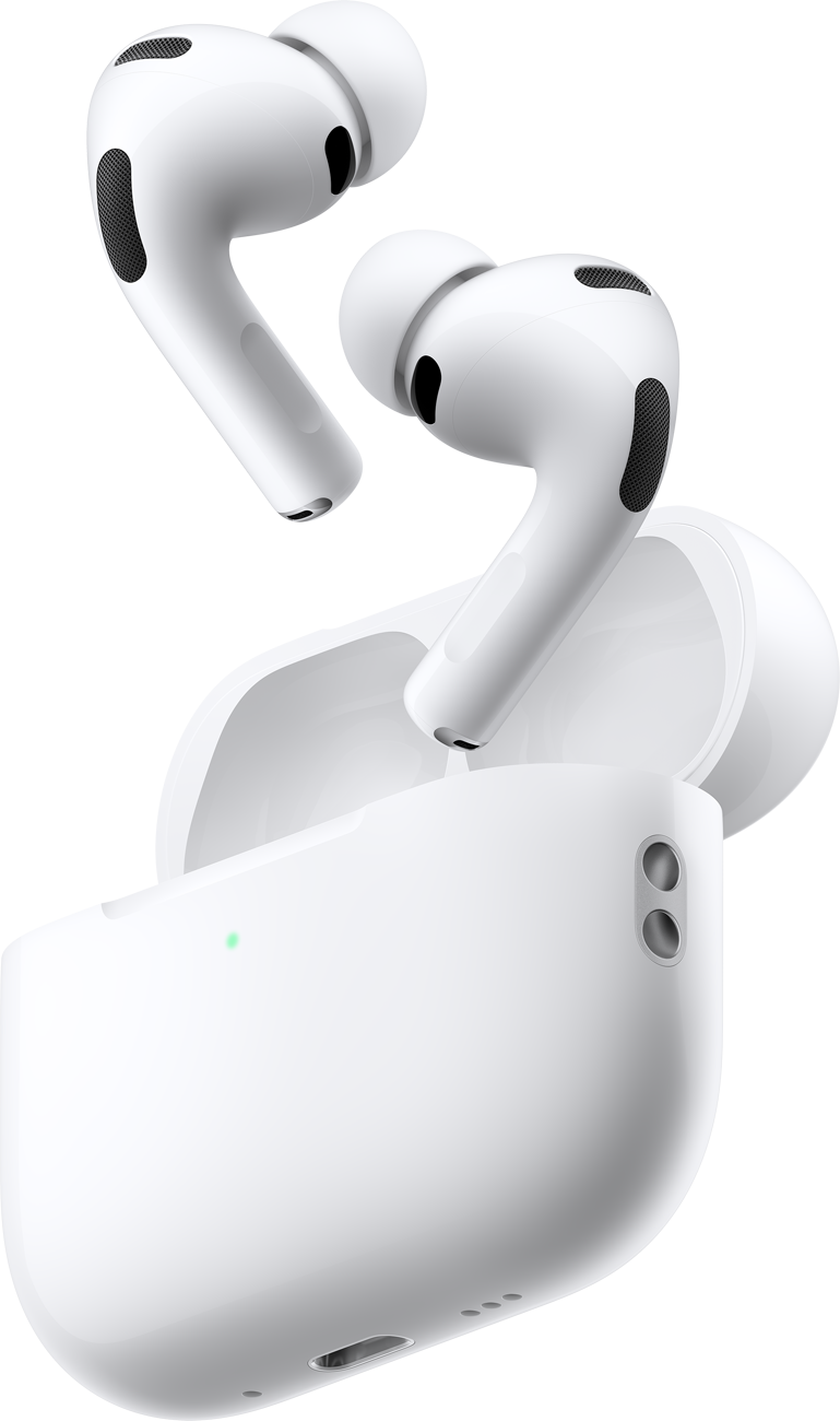 AirPods Pro 3, λευκό χρώμα, με θήκη φόρτισης MagSafe (USB-C) και εξωτερική LED ένδειξη λειτουργίας, με άκρα ακουστηκών από σιλικόνη