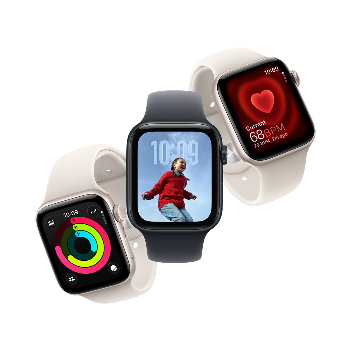 Apple Watch SE 3, τρία μοντέλα, Starlight κάσα με λουρί Starlight Sport Band, Midnight κάσα με λουρί Midnight Sport Band
