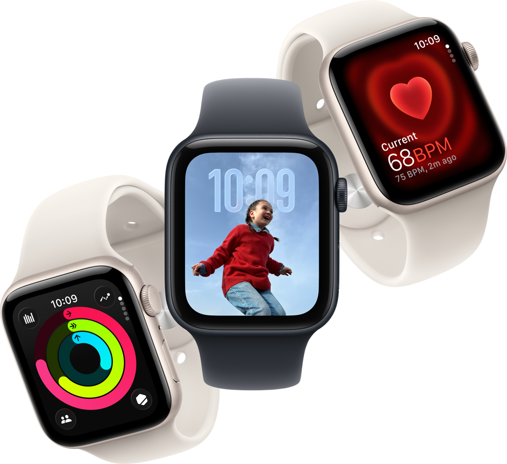 Apple Watch SE 3, τρία μοντέλα, Starlight κάσα με λουρί Starlight Sport Band, Midnight κάσα με λουρί Midnight Sport Band
