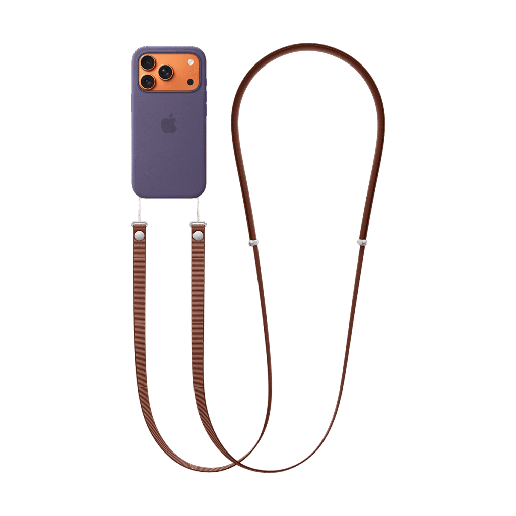 iPhone 17 Pro (Χρώμα: Cosmic Orange) με Silicone Case με MagSafe (Χρώμα: Purple Fog) με Crossbody Strap (Χρώμα: Sienna) - Back View
