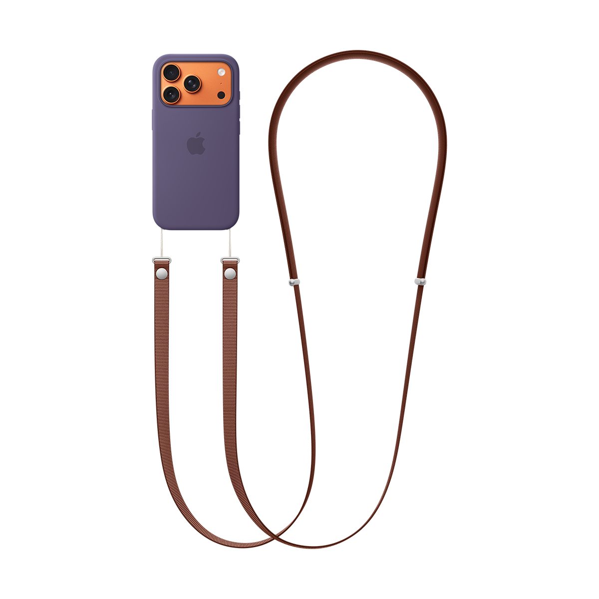 iPhone 17 Pro (Χρώμα: Cosmic Orange) με Silicone Case με MagSafe (Χρώμα: Purple Fog) με Crossbody Strap (Χρώμα: Sienna) - Back View