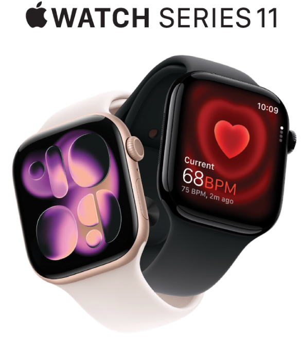 Apple Watch Series 11, δύο μοντέλα, Rose Gold Aluminum με λουρί Light Blush Sport Band, Jet Black Aluminum με λουρί Black Sport Band