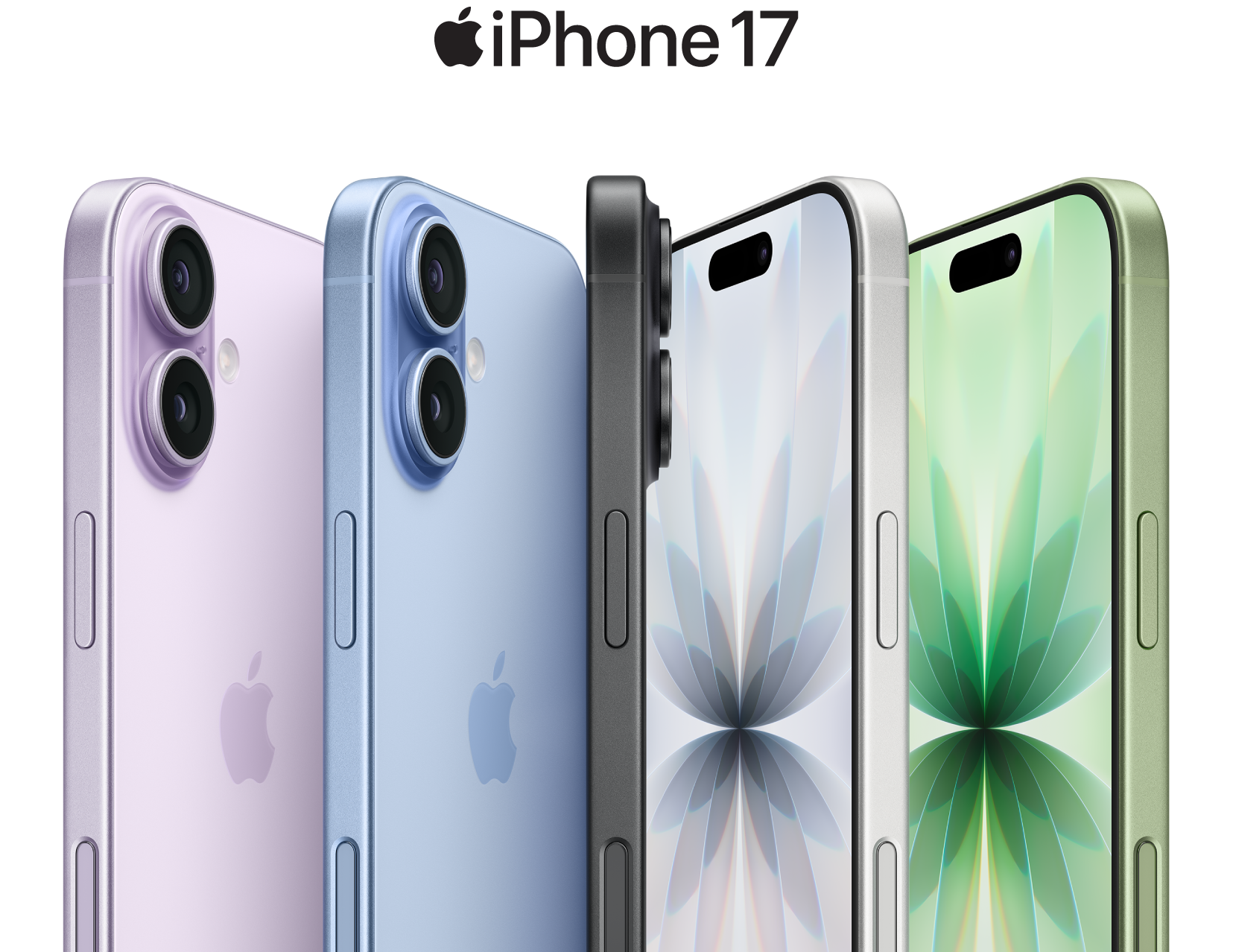 iPhone 17, εξωτερική όψη, πέντε χρώματα: Lavender, Mist Blue, Black, White και Sage