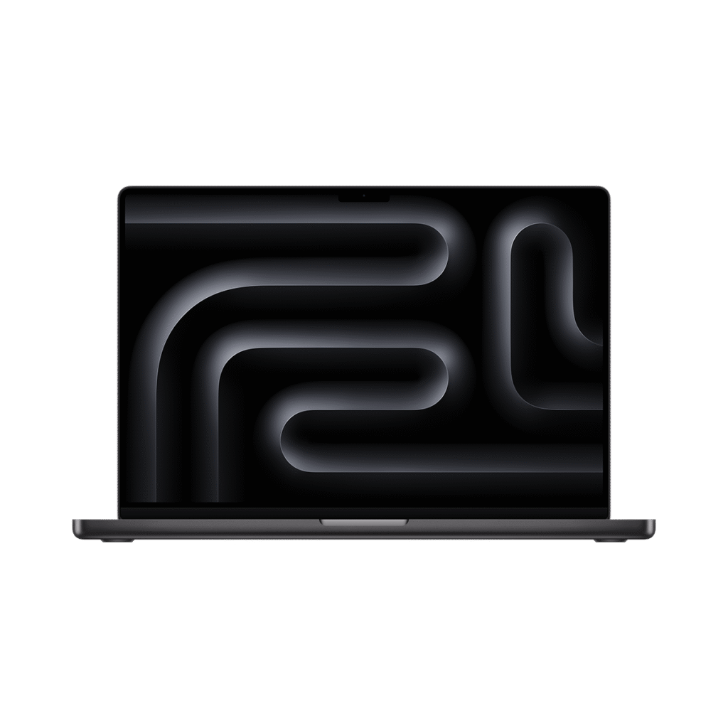 16 ιντσών MacBook Pro, ανοιχτό καπάκι, χρώμα Space Black, οθόνη Liquid Retina XDR, στρογγυλεμένες γωνίες, υπερηψωμένες βάσεις