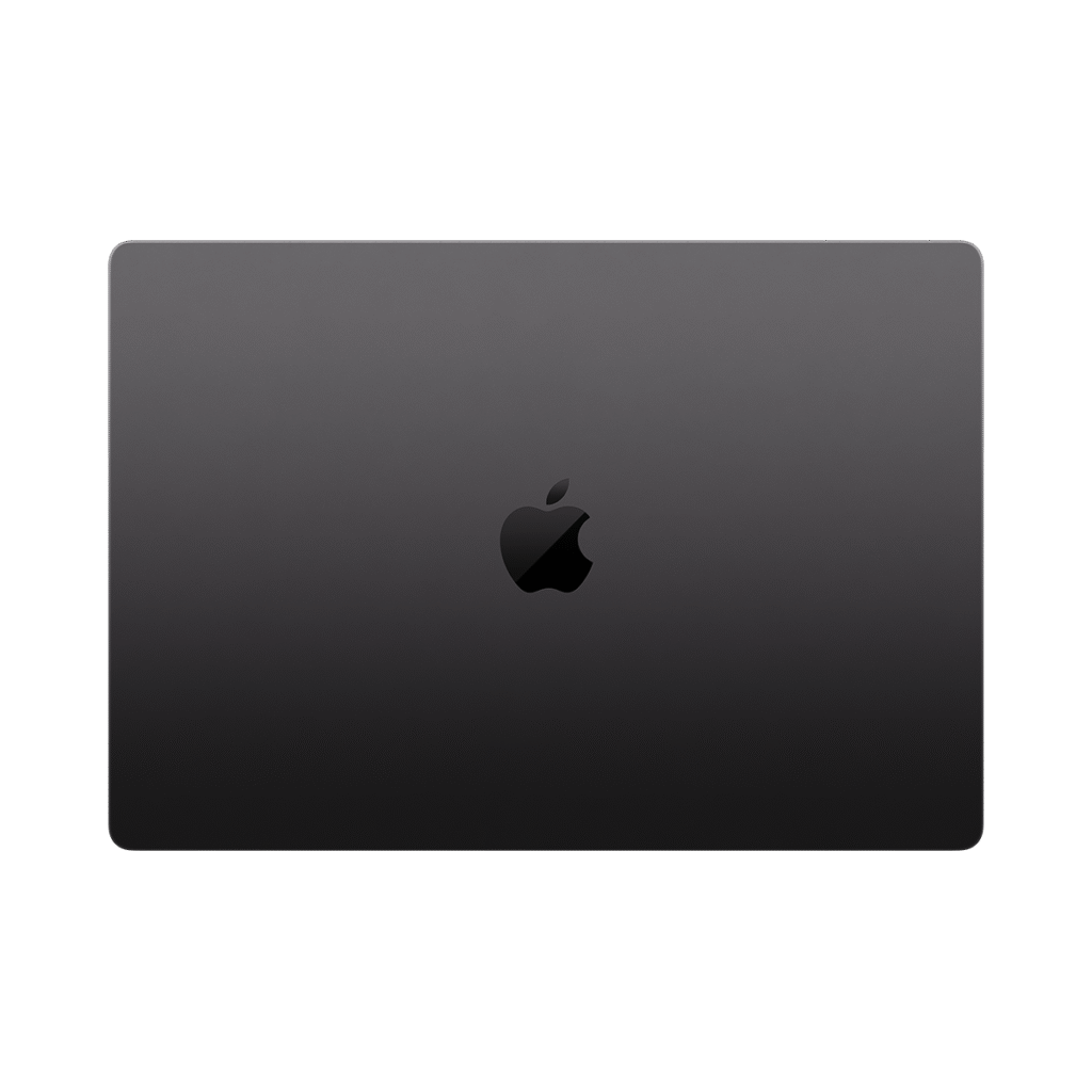 16 ιντσών MacBook Pro, πάνω όψη, κλειστό, ορθογώνιο σχήμα, στρογγυλεμένες γωνίες, σκοτεινώ γυαλιστερό Apple Logo στο κέντρο, Space Black χρώμα