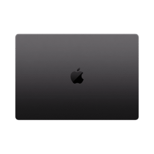 16 ιντσών MacBook Pro, πάνω όψη, κλειστό, ορθογώνιο σχήμα, στρογγυλεμένες γωνίες, σκοτεινώ γυαλιστερό Apple Logo στο κέντρο, Space Black χρώμα