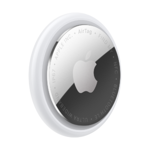 AirTag, 1 τεμάχιο, κυκλικό σχήμα, εξωτερικός λευκός δακτύλιος, εξωτερική πλαϊνή όψη από μπροστά, ανακλαστικό ασημί υλικό, λογότυπο της Apple στο κέντρο, κείμενο περιμετρικά που γράφει: AirTag - FIND MY - NFC - BLUETOOTH LE - ULTRA WIDEBAND - IP67 - APPLE INC