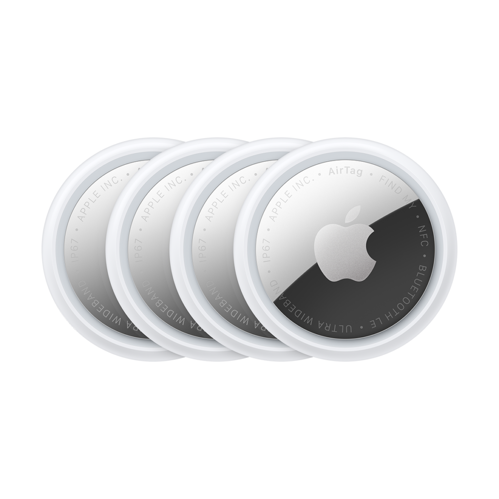 AirTag, 4 τεμάχια, κυκλικό σχήμα, εξωτερικός λευκός δακτύλιος, μπροστινή εξωτερική όψη, ανακλαστικό ασημί υλικό, λογότυπο της Apple στο κέντρο, κείμενο περιμετρικά που γράφει: AirTag - FIND MY - NFC - BLUETOOTH LE - ULTRA WIDEBAND - IP67 - APPLE INC