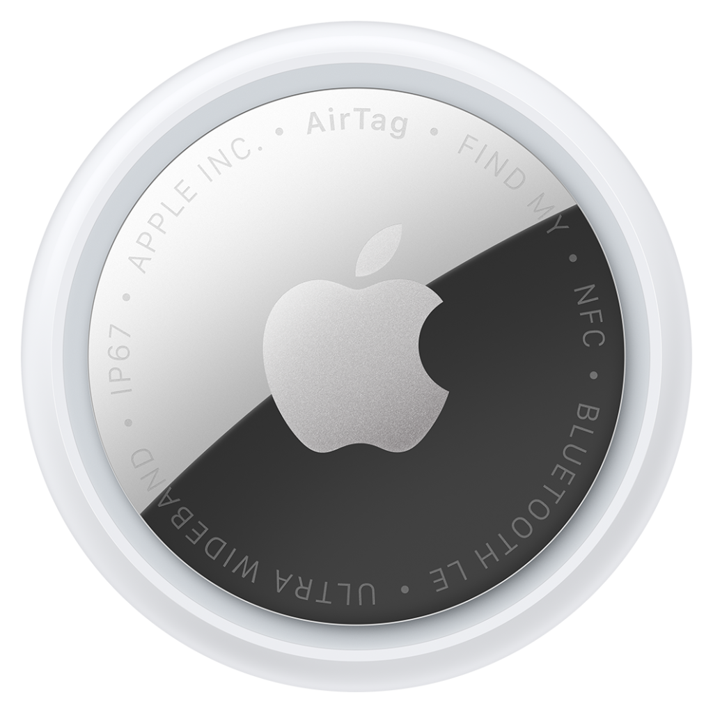 AirTag, 1 τεμάχιο, κυκλικό σχήμα, εξωτερικός λευκός δακτύλιος, μπροστινή εξωτερική όψη, ανακλαστικό ασημί υλικό, λογότυπο της Apple στο κέντρο, κείμενο περιμετρικά που γράφει: AirTag - FIND MY - NFC - BLUETOOTH LE - ULTRA WIDEBAND - IP67 - APPLE INC
