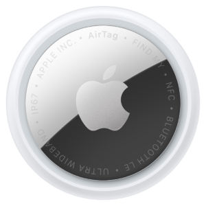 AirTag, 1 τεμάχιο, κυκλικό σχήμα, εξωτερικός λευκός δακτύλιος, μπροστινή εξωτερική όψη, ανακλαστικό ασημί υλικό, λογότυπο της Apple στο κέντρο, κείμενο περιμετρικά που γράφει: AirTag - FIND MY - NFC - BLUETOOTH LE - ULTRA WIDEBAND - IP67 - APPLE INC