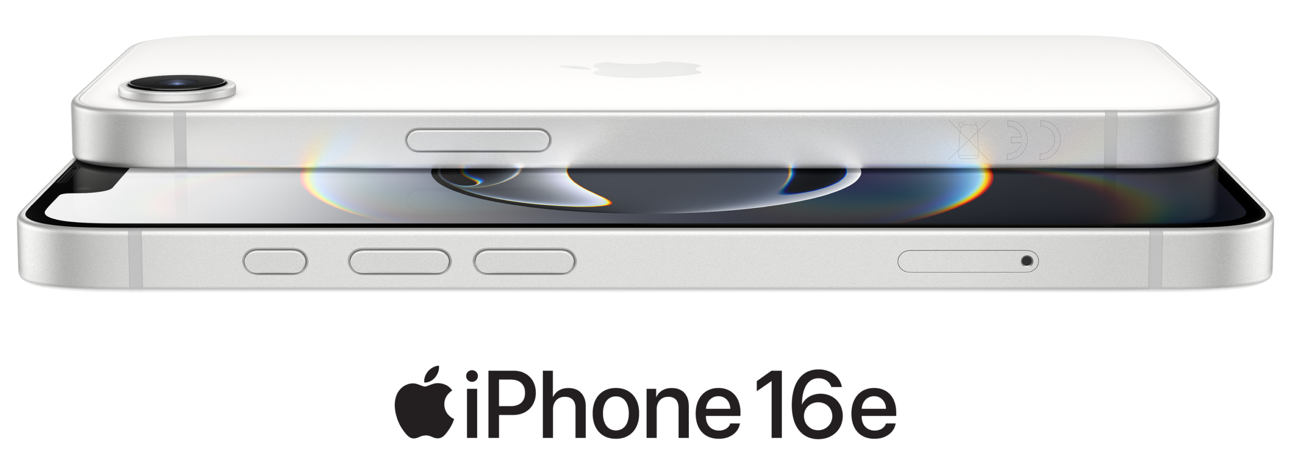 Πλαϊνή όψη του iPhone 16e σε λευκό φινίρισμα, πλαϊνή εξωτερική πλευρά, κουμπί ενέργειας, κουμπί έντασης ήχου και πίσω κάμερα Fusion