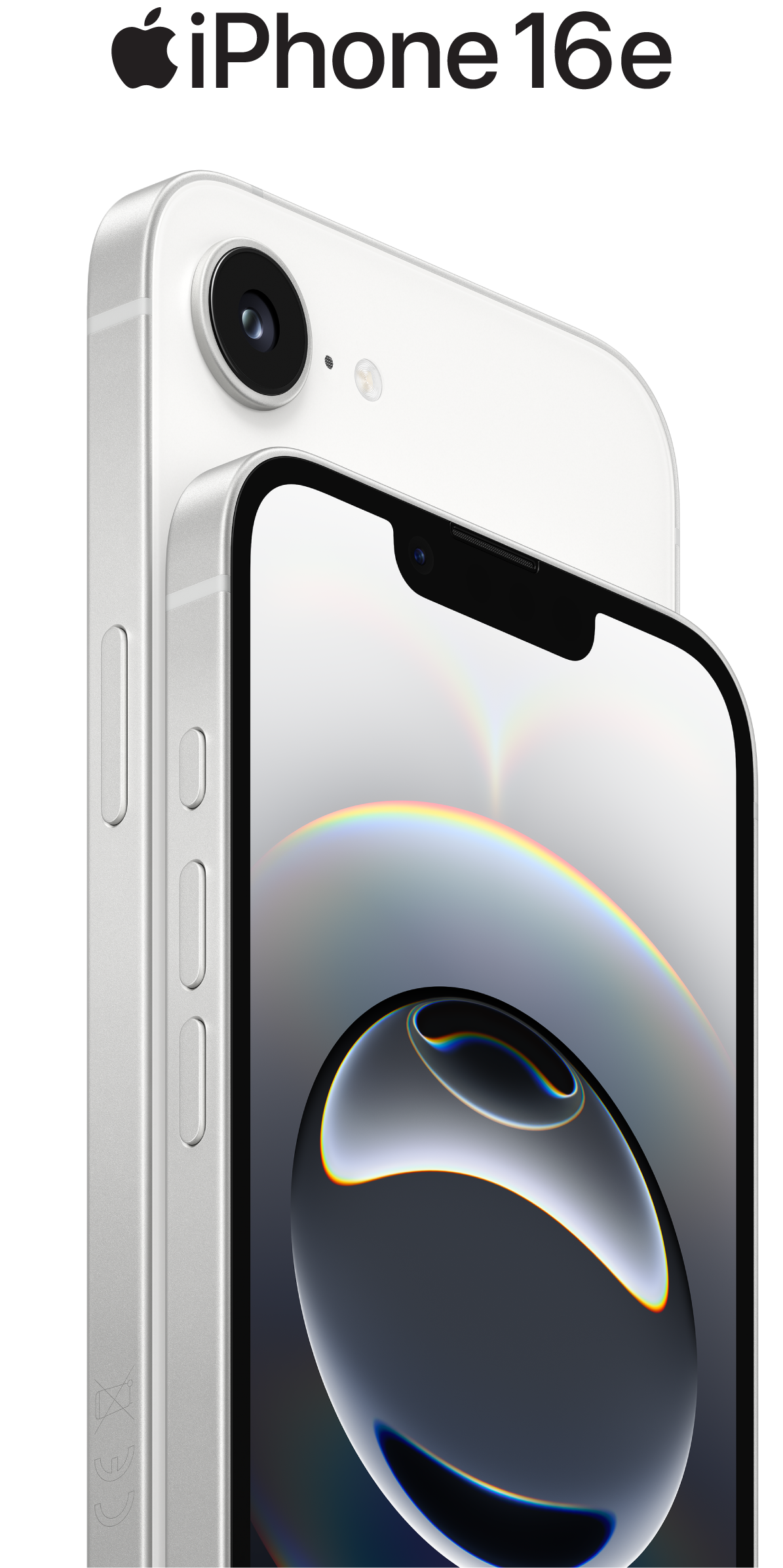 iPhone 16e με λευκό φινίρισμα, μερική προβολή της οθόνης και πλαϊνή όψη - κουμπί ενέργειας, κουμπί έντασης ήχου και πλαϊνό κουμπί. Η πίσω εξωτερική όψη δείχνει το 2 σε 1 σύστημα κάμερας στην πάνω αριστερή γωνία.