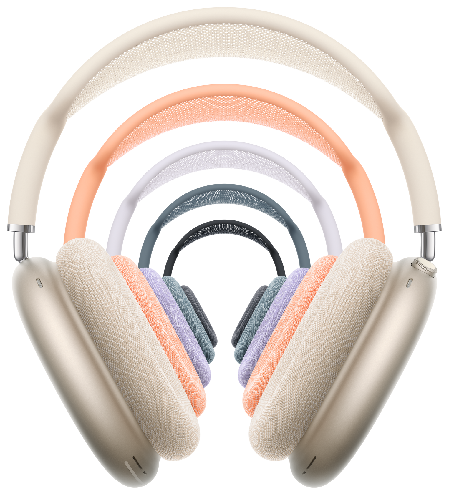 AirPods Max 2, ακουστικά κεφαλής, διαθέσιμα χρώματα Starlight, Orange, Purple, Blue και Midnight, τοποθετημένα το ένα μπροστά από το άλλο σε μια υποχωρητική διάταξη