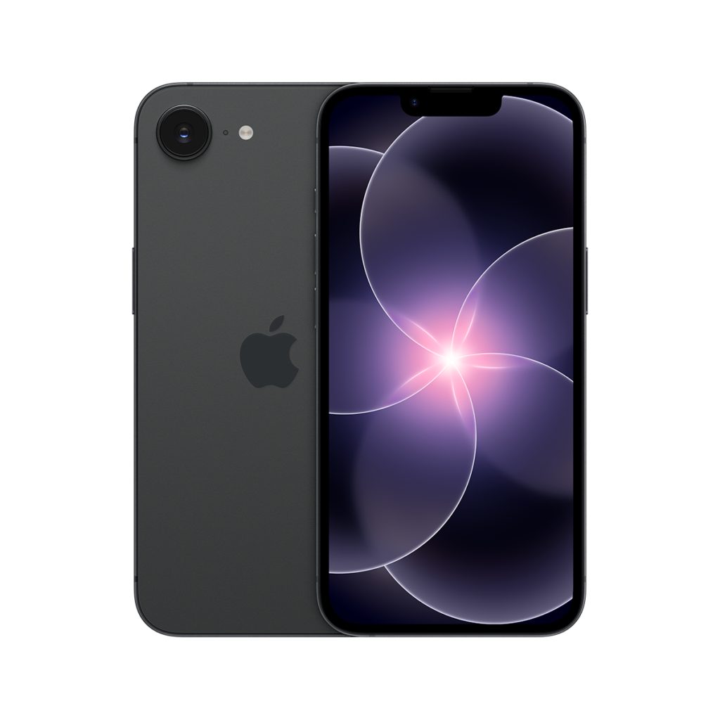 iPhone 17e, πίσω εξωτερική όψη, black χρώμα, σύστημα κάμερας Fusion, Apple λογότυπο στο κέντρο, μπροστά εξωτερική όψη, ολόκληρη η οθόνη, εγκοπή με κάμερα TrueDepth, λεπτό μαύρο περίγραμμα οθόνης, στρογγυλεμένες γωνίες, ίσιες πλευρές