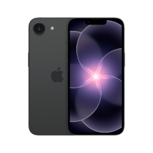 iPhone 17e, πίσω εξωτερική όψη, black χρώμα, σύστημα κάμερας Fusion, Apple λογότυπο στο κέντρο, μπροστά εξωτερική όψη, ολόκληρη η οθόνη, εγκοπή με κάμερα TrueDepth, λεπτό μαύρο περίγραμμα οθόνης, στρογγυλεμένες γωνίες, ίσιες πλευρές