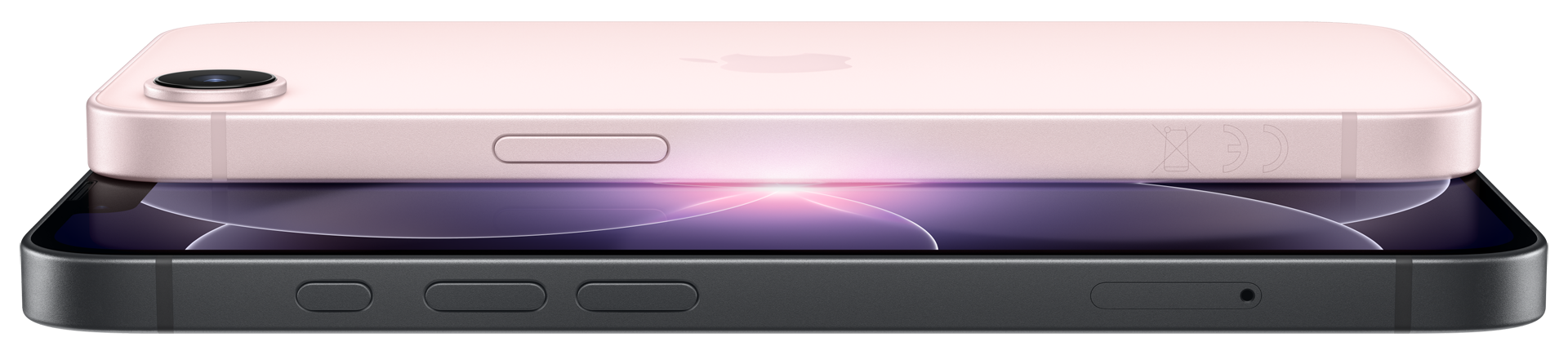 iPhone 17e, πίσω και μπροστά όψη, η μία πάνω στην άλλη, soft pink χρώμα, black χρώμα, οθόνη Super Retina, κάμερα Fusion 48MP, στρογγυλεμένες γωνίες