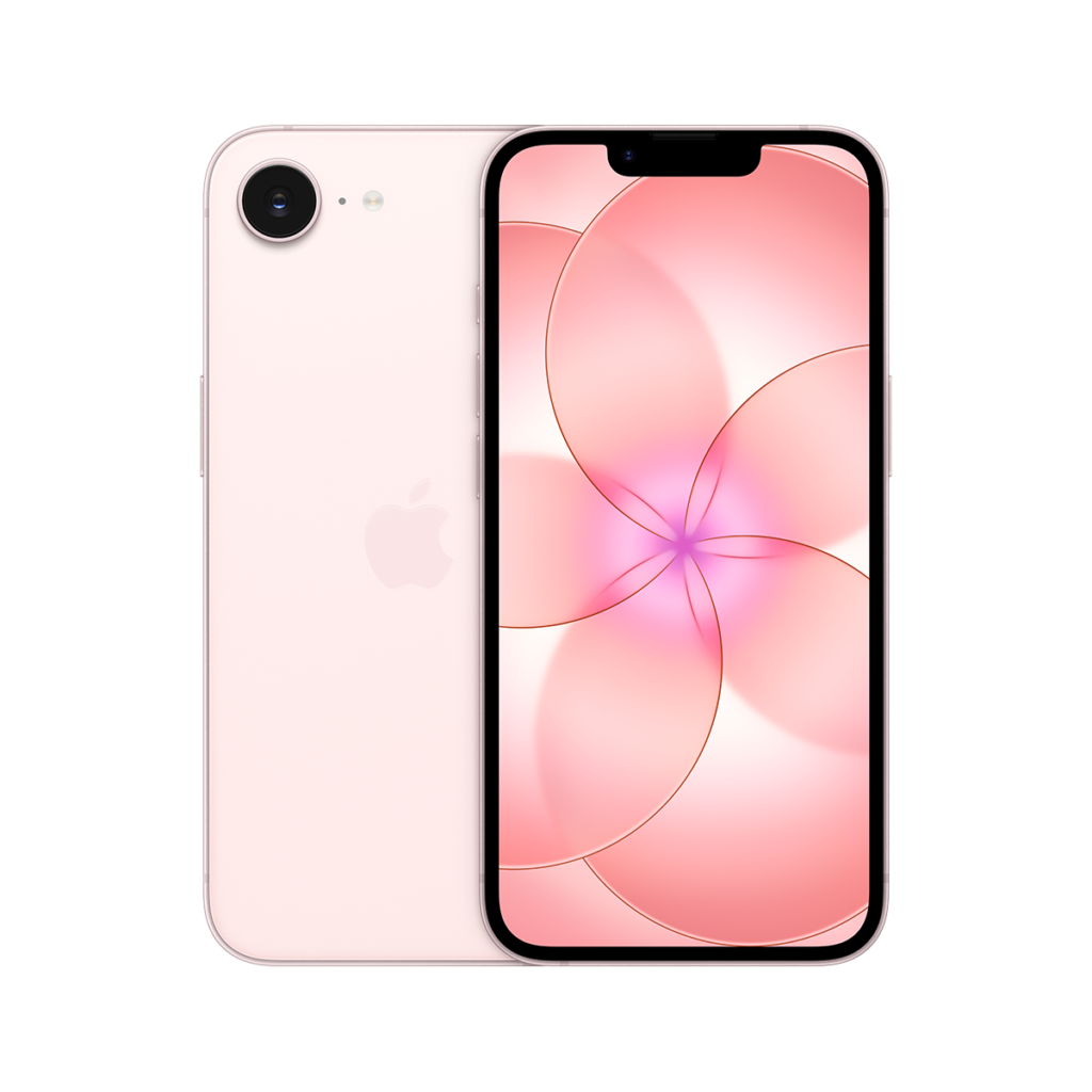 iPhone 17e, πίσω εξωτερική όψη, soft pink χρώμα, σύστημα κάμερας Fusion, Apple λογότυπο στο κέντρο, μπροστά εξωτερική όψη, ολόκληρη η οθόνη, εγκοπή με κάμερα TrueDepth, λεπτό μαύρο περίγραμμα οθόνης, στρογγυλεμένες γωνίες, ίσιες πλευρές