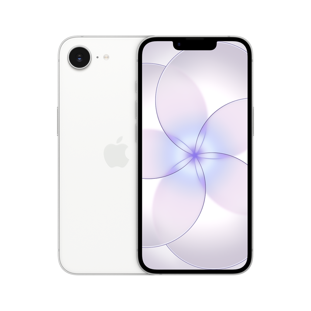 iPhone 17e, πίσω εξωτερική όψη, white χρώμα, σύστημα κάμερας Fusion, Apple λογότυπο στο κέντρο, μπροστά εξωτερική όψη, ολόκληρη η οθόνη, εγκοπή με κάμερα TrueDepth, λεπτό μαύρο περίγραμμα οθόνης, στρογγυλεμένες γωνίες, ίσιες πλευρές