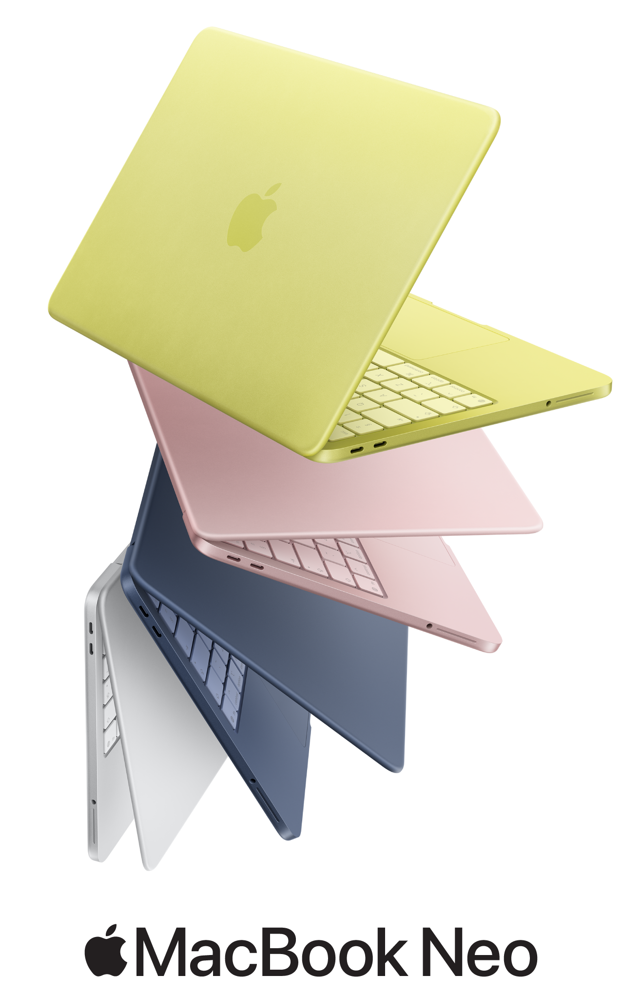 Μια ανεπτυγμένη διάταξη μοντέλων MacBook Neo σε τέσσερα χρώματα: silver, blush, citrus, και indigo.