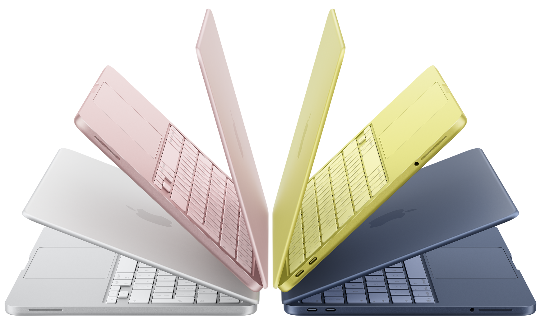 Μια ανεπτυγμένη διάταξη μοντέλων MacBook Neo σε τέσσερα χρώματα: silver, blush, citrus, και indigo.