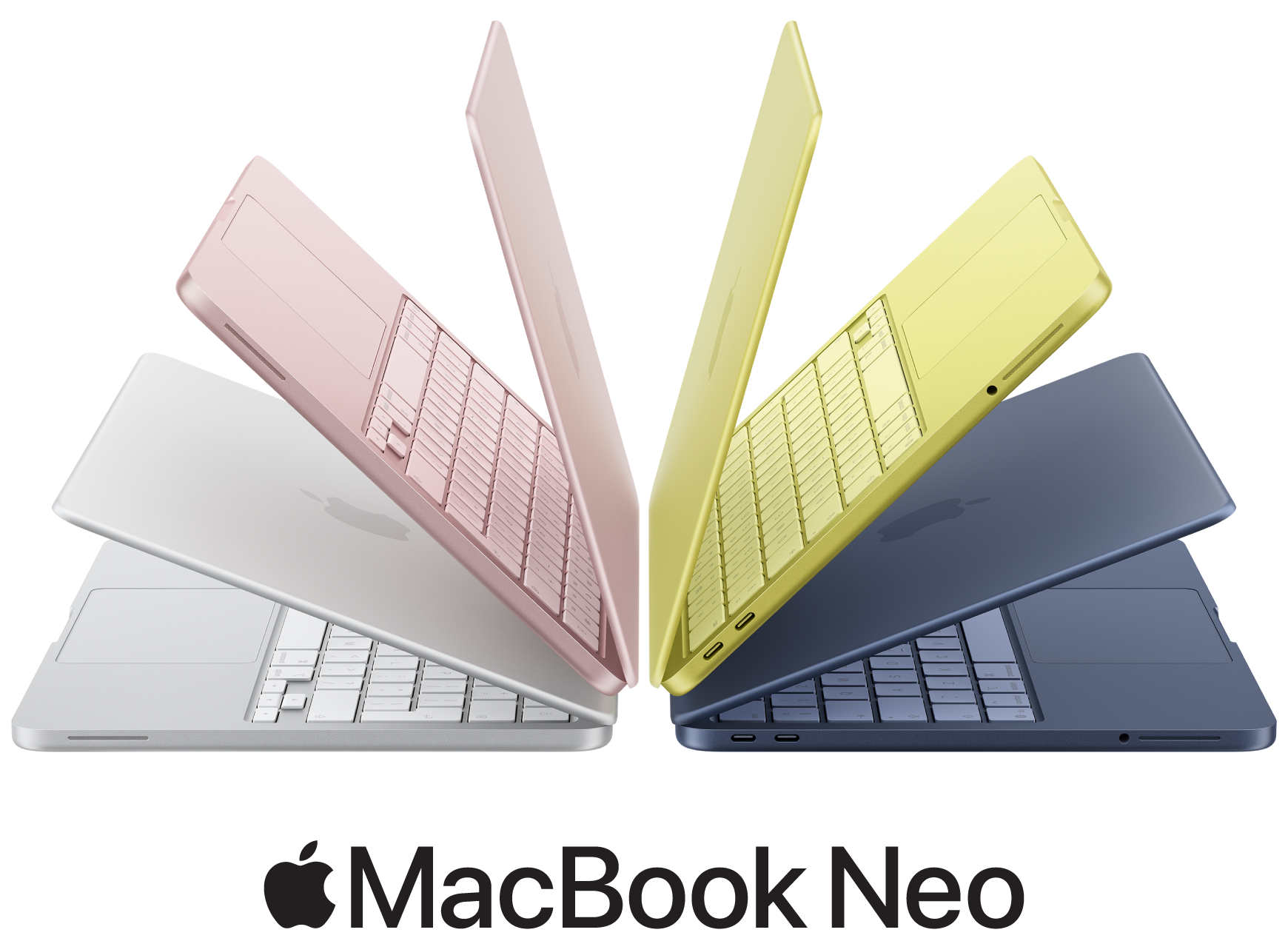 Μια ανεπτυγμένη διάταξη μοντέλων MacBook Neo σε τέσσερα χρώματα: silver, blush, citrus, και indigo.