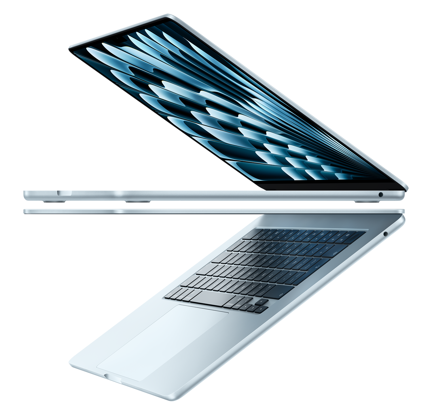 Δύο ανοιχτά φορητά MacBook Air σε γαλάζιο χρώμα που δημιουργούν σχήμα βέλους, δίνοντας έμφαση στο στενό προφίλ