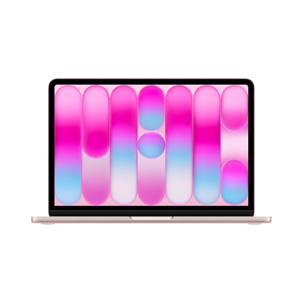 MacBook Neo 13 ιντσών, χρώμα Blush, ανοιχτό καπάκι, οθόνη Liquid Retina, στρογγυλεμένες γωνίες, υπερυψωμένα πόδια