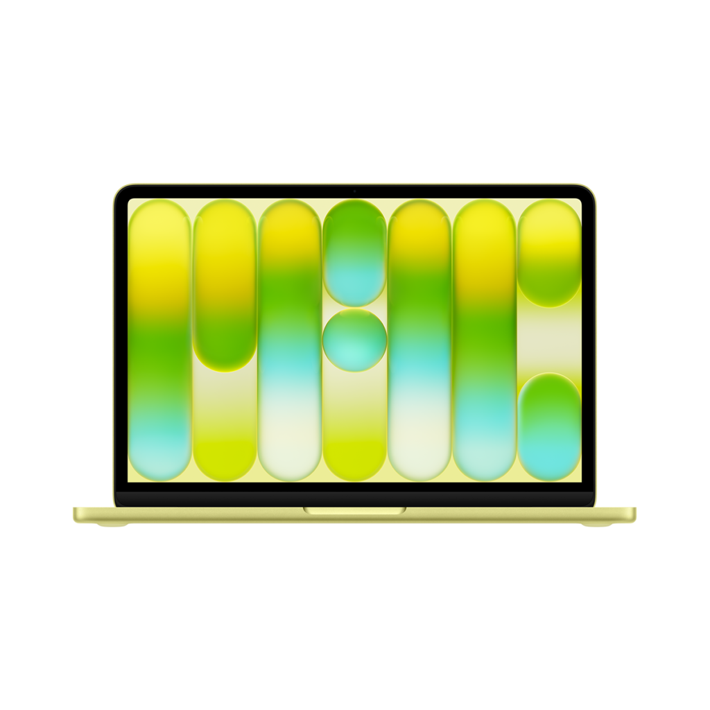 MacBook Neo 13 ιντσών, χρώμα Citrus, ανοιχτό καπάκι, οθόνη Liquid Retina, στρογγυλεμένες γωνίες, υπερυψωμένα πόδια