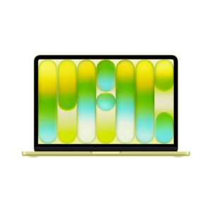 MacBook Neo 13 ιντσών, χρώμα Citrus, ανοιχτό καπάκι, οθόνη Liquid Retina, στρογγυλεμένες γωνίες, υπερυψωμένα πόδια