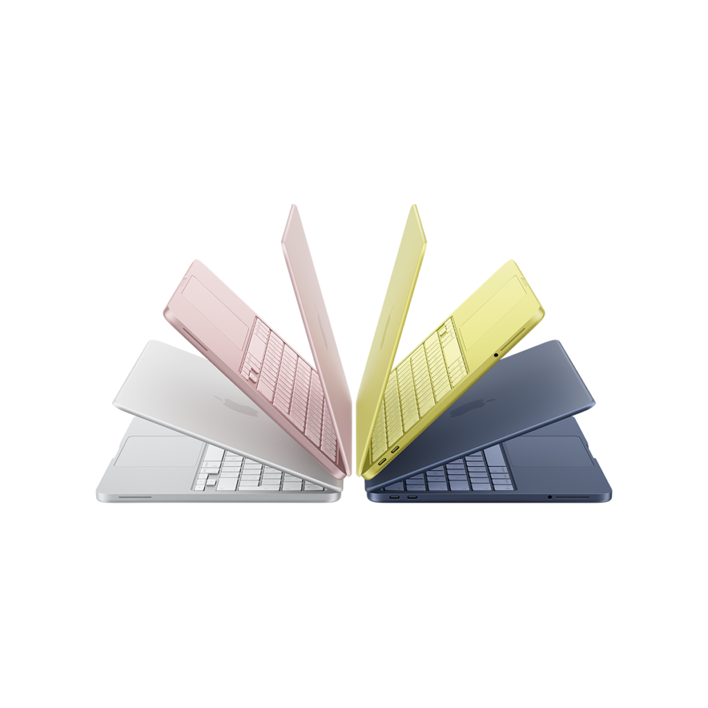 Μια ανεπτυγμένη διάταξη μοντέλων MacBook Neo με Touch ID σε τέσσερα χρώματα: silver, blush, citrus, και indigo.