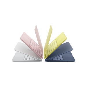 Μια ανεπτυγμένη διάταξη μοντέλων MacBook Neo με Touch ID σε τέσσερα χρώματα: silver, blush, citrus, και indigo.