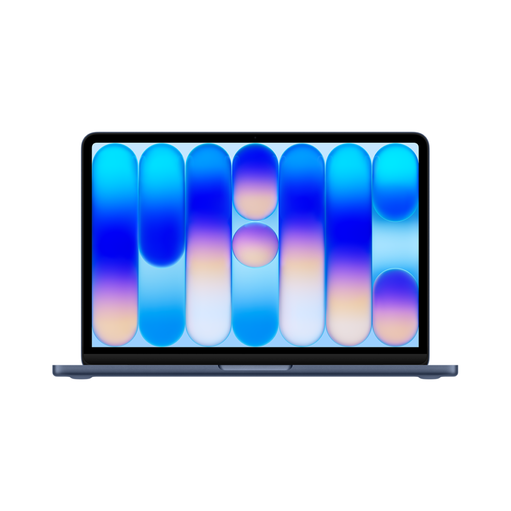 MacBook Neo 13 ιντσών, χρώμα Indigo, ανοιχτό καπάκι, οθόνη Liquid Retina, στρογγυλεμένες γωνίες, υπερυψωμένα πόδια