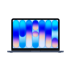 MacBook Neo 13 ιντσών, χρώμα Indigo, ανοιχτό καπάκι, οθόνη Liquid Retina, στρογγυλεμένες γωνίες, υπερυψωμένα πόδια