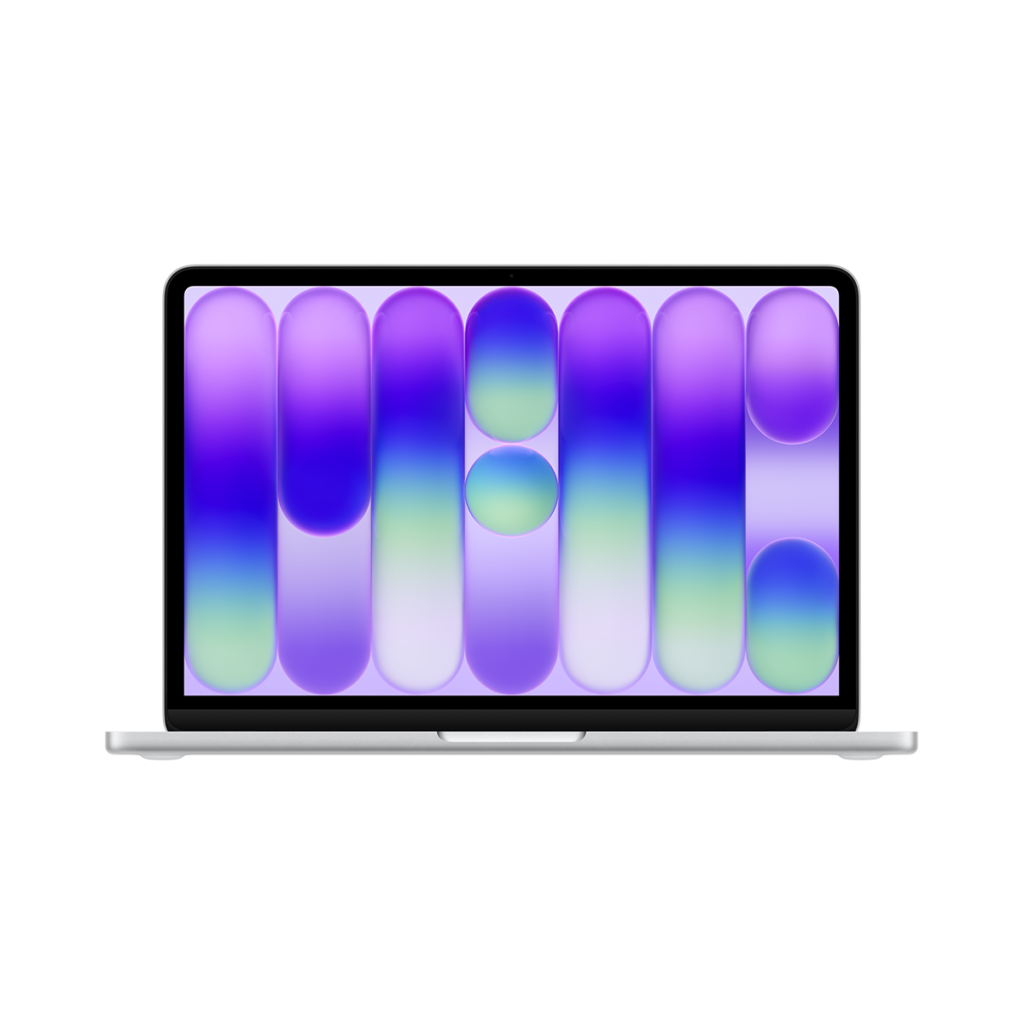 MacBook Neo 13 ιντσών, χρώμα Silver, ανοιχτό καπάκι, οθόνη Liquid Retina, στρογγυλεμένες γωνίες, υπερυψωμένα πόδια