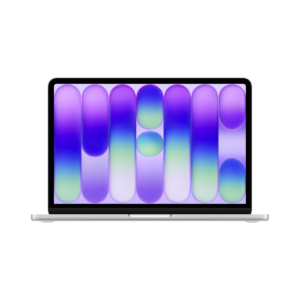 MacBook Neo 13 ιντσών, χρώμα Silver, ανοιχτό καπάκι, οθόνη Liquid Retina, στρογγυλεμένες γωνίες, υπερυψωμένα πόδια