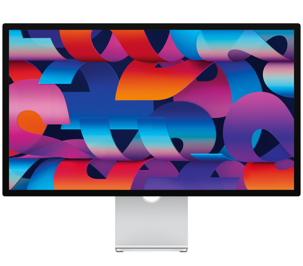 Πρόσοψη Studio Display με πολύχρωμη ταπετσαρία με σχήματα σαν κορδέλες