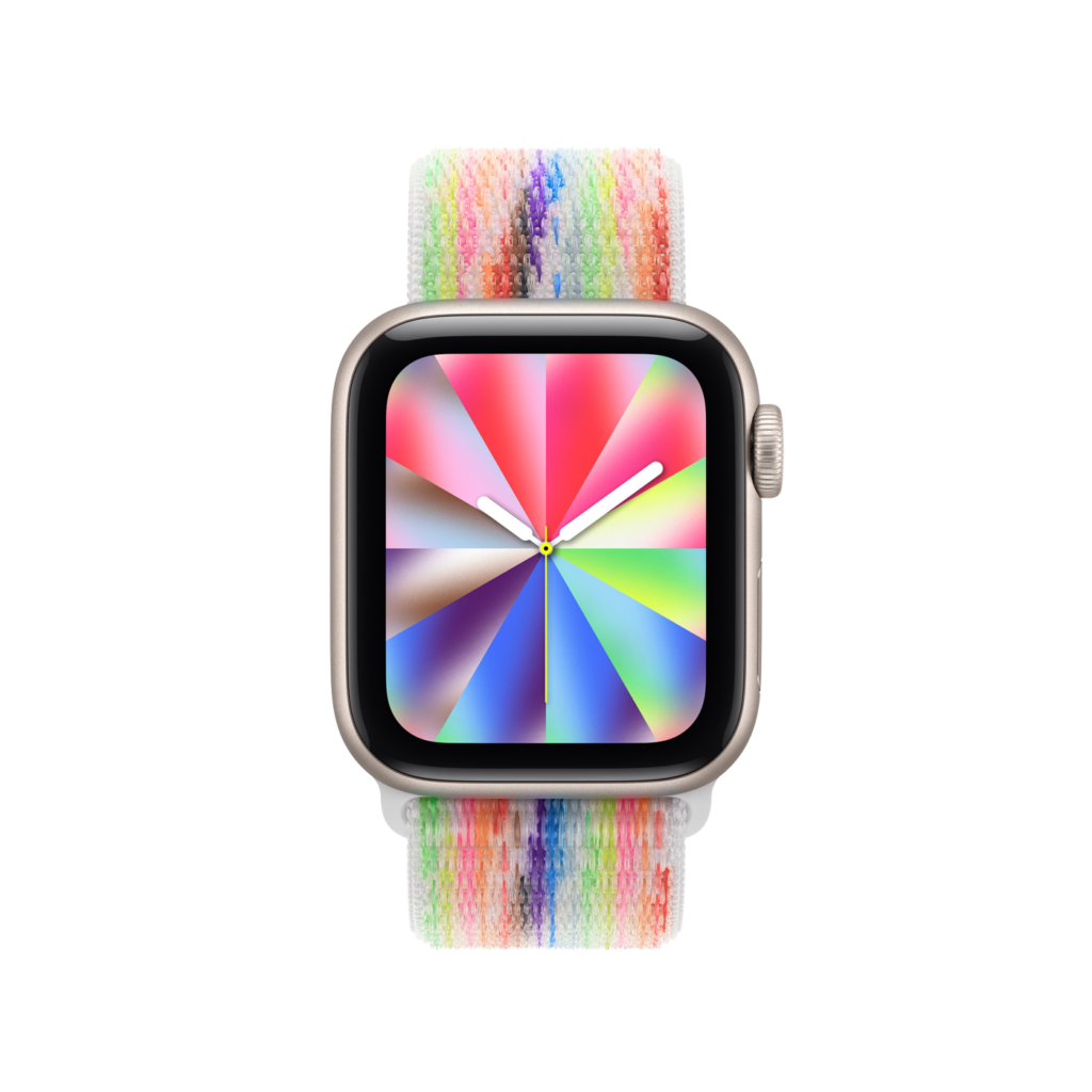 Πρόσοψη Apple Watch ρολογιού ειδικής έκδοσης Pride, ακτινωτό μοτίβο (δείκτες ώρας, λεπτών και δευτερολέπτων, πολύχρωμες λωρίδες ευθυγραμμισμένες με τις ενδείξεις ώρας που συγκλίνουν στο κέντρο, θολά χρώματα), 40mm, λουράκι Sport Loop, ειδική έκδοση, χρώμα Pride (πολύχρωμο κυματιστό μοτίβο), ύφασμα από νάιλον ύφανση