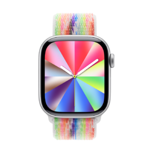 Πρόσοψη Apple Watch ρολογιού ειδικής έκδοσης Pride, ακτινωτό μοτίβο (δείκτες ώρας, λεπτών και δευτερολέπτων, πολύχρωμες λωρίδες ευθυγραμμισμένες με τις ενδείξεις ώρας που συγκλίνουν στο κέντρο, θολά χρώματα), 42mm, λουράκι Sport Loop, ειδική έκδοση, χρώμα Pride (πολύχρωμο κυματιστό μοτίβο), ύφασμα από νάιλον ύφανση