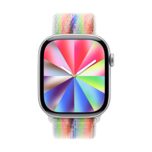 Πρόσοψη Apple Watch ρολογιού ειδικής έκδοσης Pride, ακτινωτό μοτίβο (δείκτες ώρας, λεπτών και δευτερολέπτων, πολύχρωμες λωρίδες ευθυγραμμισμένες με τις ενδείξεις ώρας που συγκλίνουν στο κέντρο, θολά χρώματα), 46mm, λουράκι Sport Loop, ειδική έκδοση, χρώμα Pride (πολύχρωμο κυματιστό μοτίβο), ύφασμα από νάιλον ύφανση